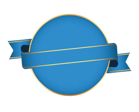 blue colored ribbon banner on round banner with gold frame on white backgroundのイラスト素材