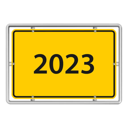 2023 New Year - vector illustration of yellow road sign isolated on white background