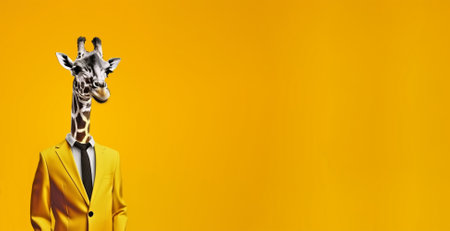 giraffe in yellow business suit, yellow background. Created with Generative AIの素材
