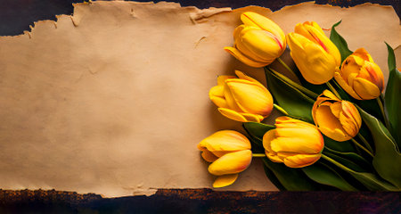 yellow tulips on old paper background. Created with Generative AIの素材