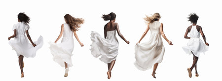 illustration of running girl in white dress isolated on white background, back view. Created with Generative AIの素材