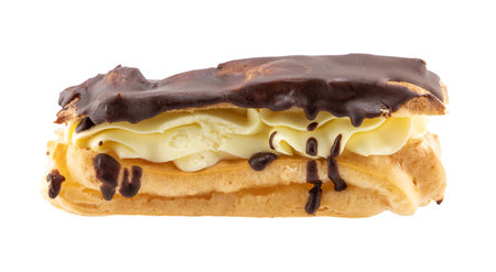 isolated photo of eclair with chocolate icingの写真素材