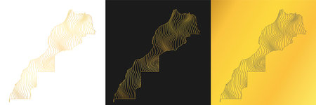 set of 3 abstract maps of Morocco - vector illustration of striped gold colored mapのイラスト素材
