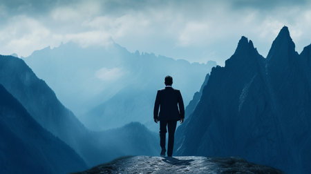 Landscape with businessman walking to mountain - concept of success. Created with Generative AIの素材