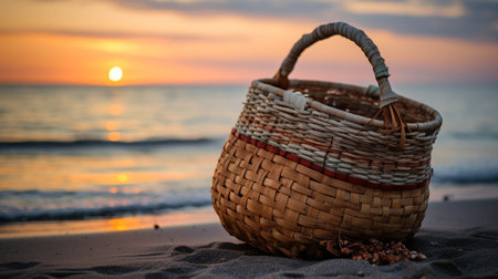 illustration of basket on the beach. Created with Generative AIの素材