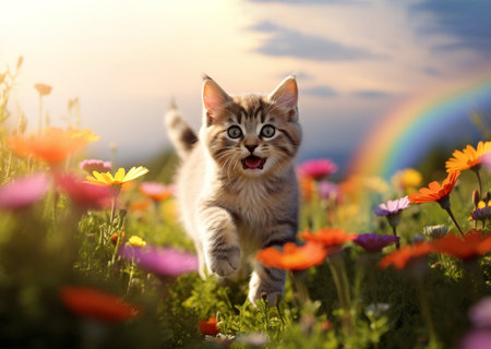 illustration of cat on the meadow, colorful flowers and rainbow in background. Created with Generative AIの素材