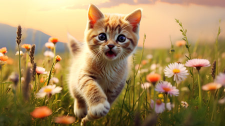 illustration of cat on the meadow, colorful flowers and rainbow in background. Created with Generative AIの素材