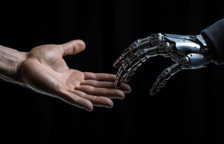 Illustration of robot and human hands. Concept of AI. Created with Generative AIの素材