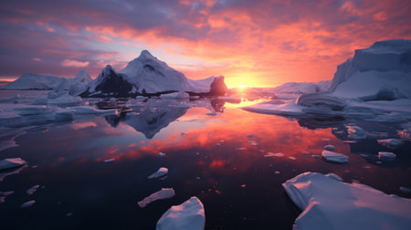 illustration of an iceberg in the ocean by sunset. Created with Generative AIの素材