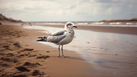 illustration of seagull on the beach of sea. Created with Generative AIの素材