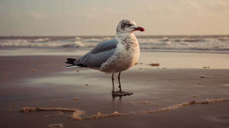 illustration of seagull on the beach of sea. Created with Generative AIの素材