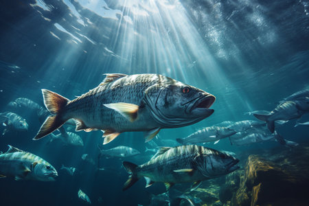 illustration of big fish underwater in the ocean. Created with Generative AIの素材