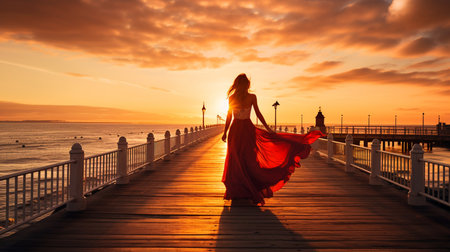 woman in red dress on the pier by sunset. Created with Generative AIの素材