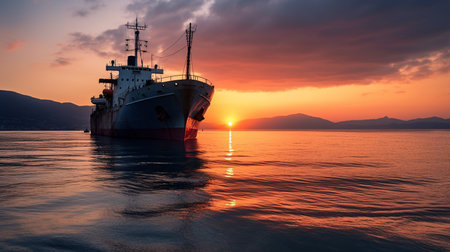 illustration of ship in the sea. Sunset light. Created with Generative AIの素材