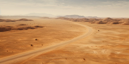 illustration of a road through the desert. Desert landscape, sand and road leading to the horizon. Created with Generative AIの素材