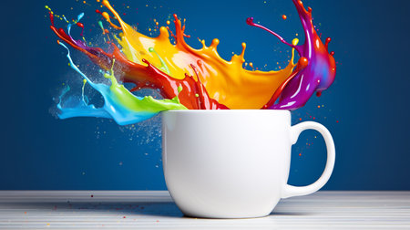 Illustration of coffee cup with rainbow colored splash. Created with Generative AIの素材
