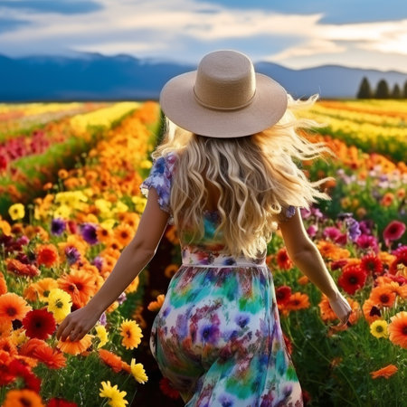 illustration of woman with straw hat in a meadow with flowers. Created with Generative AIの素材