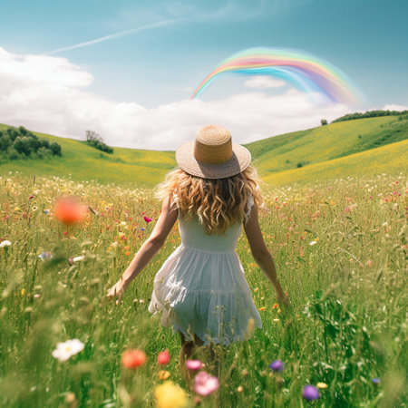 illustration of woman with straw hat in a meadow with flowers. Created with Generative AIの素材