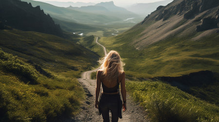Hiker woman in the mountains. illustration of valley road in the mountains. Created with Generative AIの素材