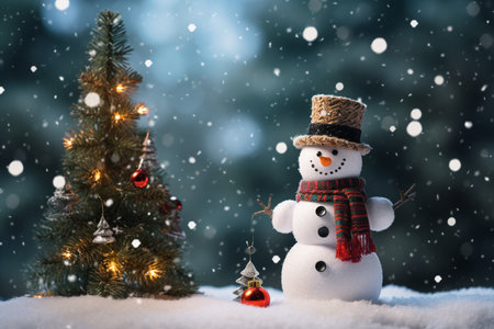 illustration of snowman in the snow. Created with Generative AIの素材