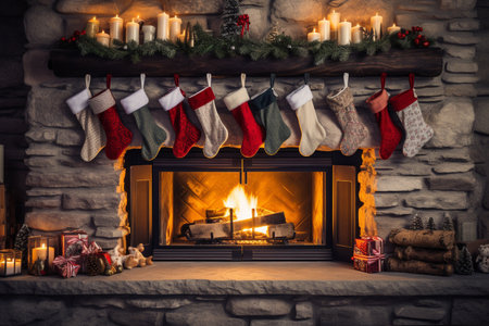 illustration of fireplace with christmas decoration. Created with Generative AIの素材