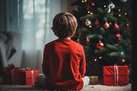 illustration of child with christmas presents. Created with Generative AIの素材