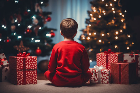 illustration of child with christmas presents. Created with Generative AIの素材