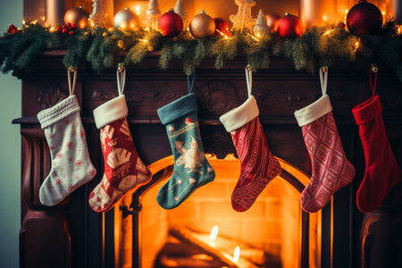 illustration of fireplace with christmas decoration. Created with Generative AIの素材