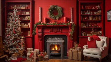 illustration of fireplace with christmas decoration. Created with Generative AIの素材