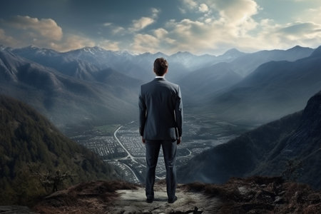 Landscape with businessman walking to mountain - concept of success. Created with Generative AIの素材