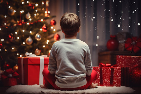 illustration of child with christmas presents. Created with Generative AIの素材