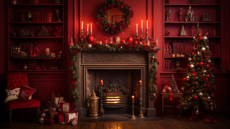 illustration of fireplace with christmas decoration. Created with Generative AIの素材