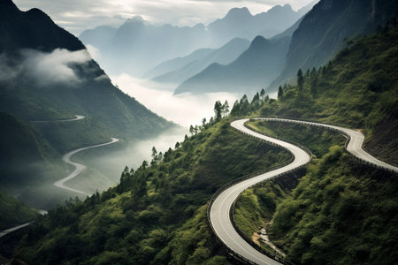 illustration of valley road in the mountains. Created with Generative AIの素材