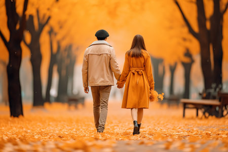 illustration of couple walking in the autumn park. Created with Generative AIの素材