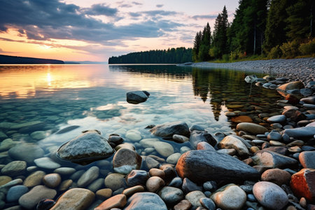 illustration of sunset over the lake in the forest. Created with Generative AIの素材