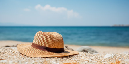 illustration of a straw hat on the beach. Concept of a beach vacation. Created with Generative AIの素材