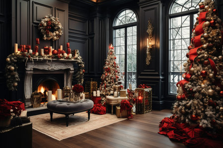 illustration of christmas tree with red gifts and fireplace in background. Created with Generative AIの素材