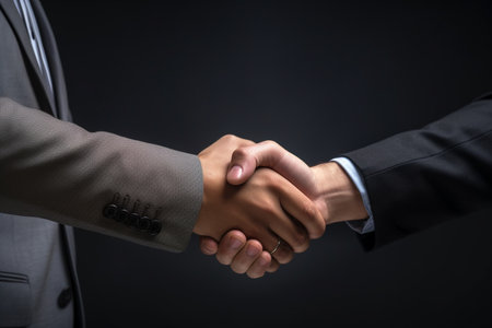 illustration of handshake between two businessmen on dark background. Created with Generative AIの素材