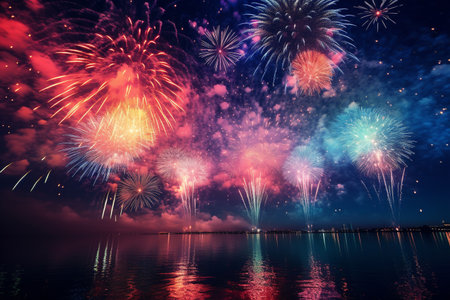 illustration of fireworks over the city. New Year fireworks. Created with Generative AIの素材