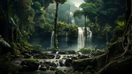 illustration of a waterfall in the jungle. Created with Generative AIの素材