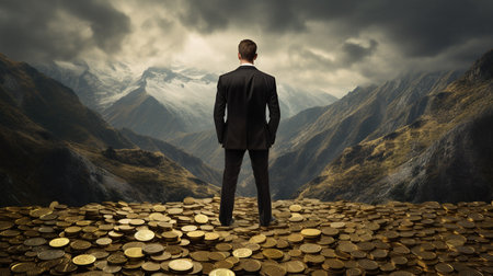 Illustration of a man in the business suit has gold coins in front of the mountains. Created with Generative AIの素材