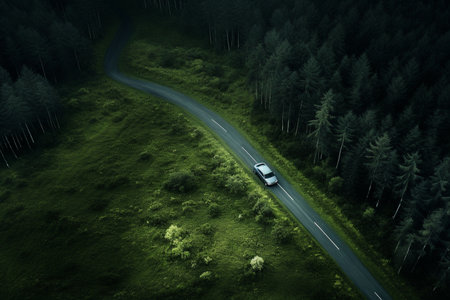 illustration of a car driving on the road in forest. Created with Generative AIの素材