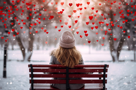 illustration of woman in love sitting on a bench in the winter park. Created with Generative AIの素材