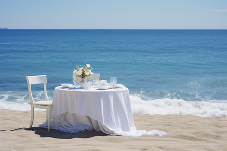illustration of wedding table on the beach. Created with Generative AIの素材