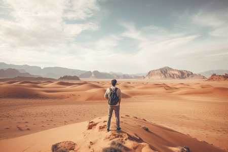 illustration of a person walking in desert. Created with Generative AIの素材