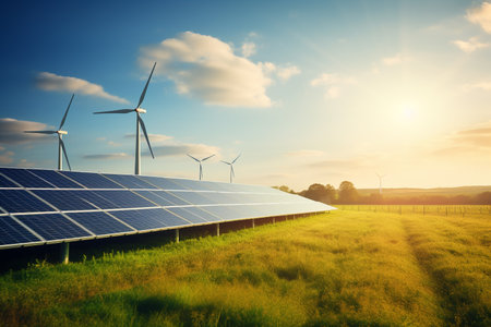 illustration of solar panels on the field. Created with Generative AIの素材