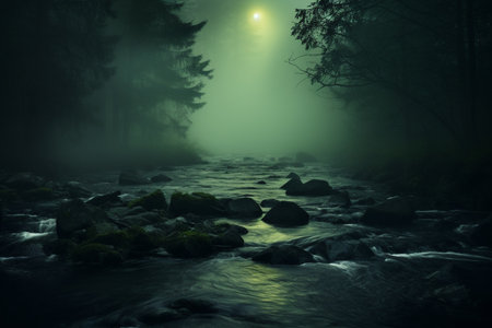 illustration of misty river in forest at night. Created with Generative AIの素材