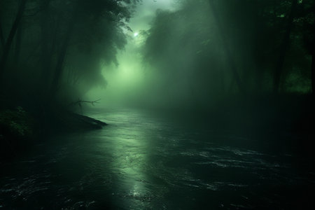 illustration of misty river in forest at night. Created with Generative AIの素材