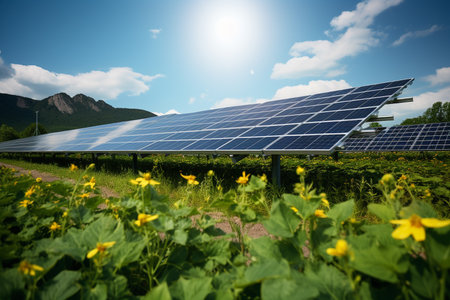 illustration of solar panels on the field. Created with Generative AIの素材