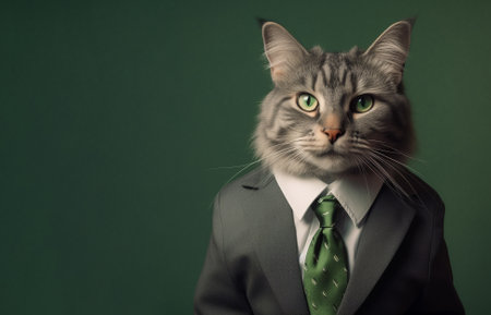 illustration of portrait of a cat in business suit on green background. Created with Generative AIの素材